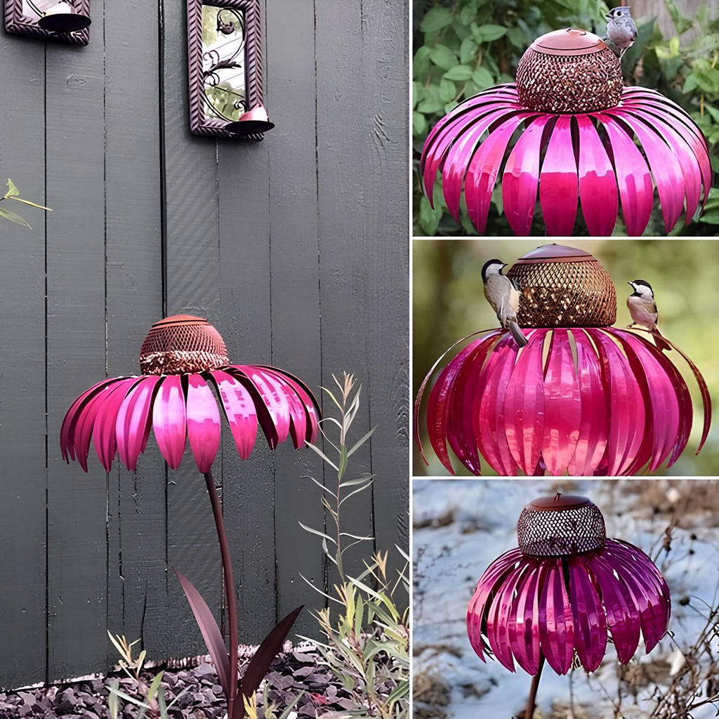 Outdoor Bird Feeder - Garden Bird Feeder Metal Sunflower Design Pink Petals