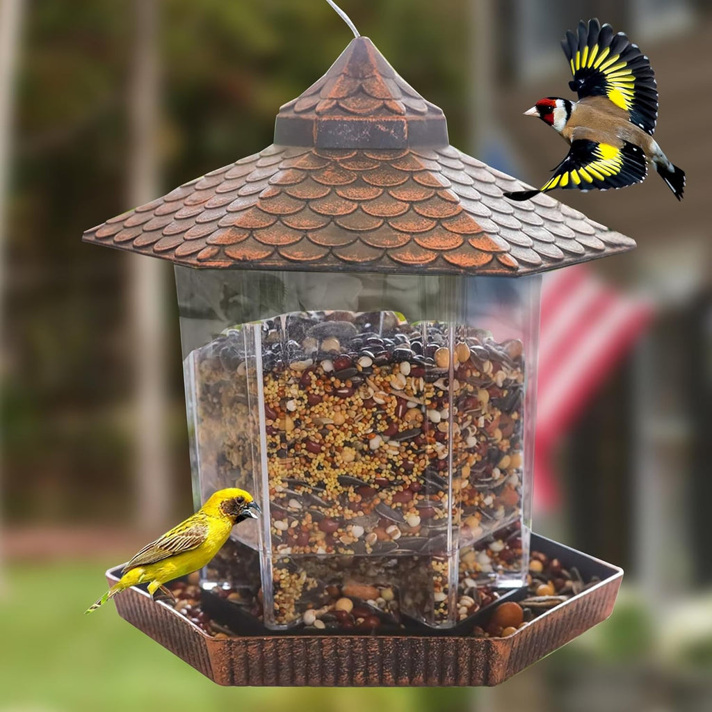 Outdoor Bird Feeder - Hanging Bird Feeder Copper Roof Weather Resistant Design