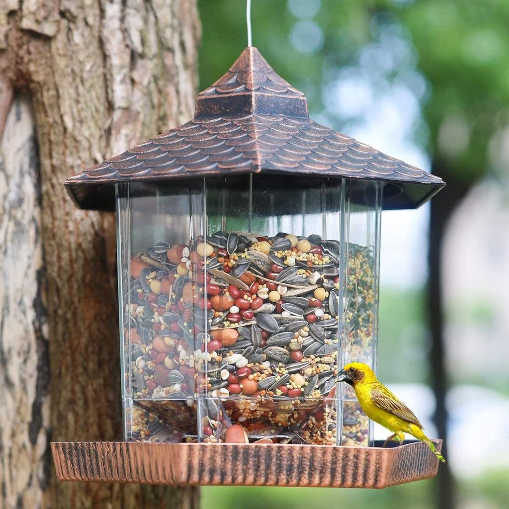 Outdoor Bird Feeder - Hanging Bird Feeder Copper Roof Weather Resistant Design