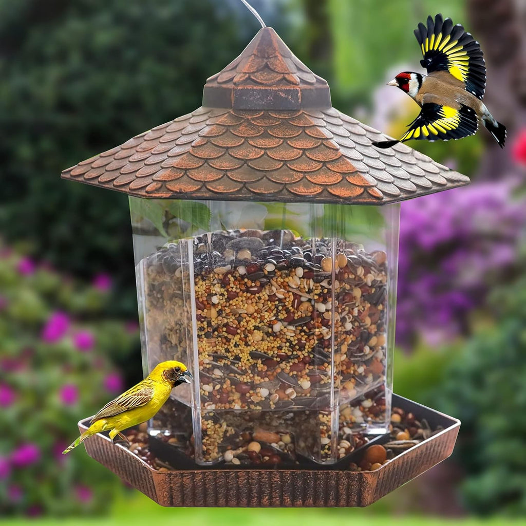 Outdoor Bird Feeder - Hanging Bird Feeder Copper Roof Weather Resistant Design