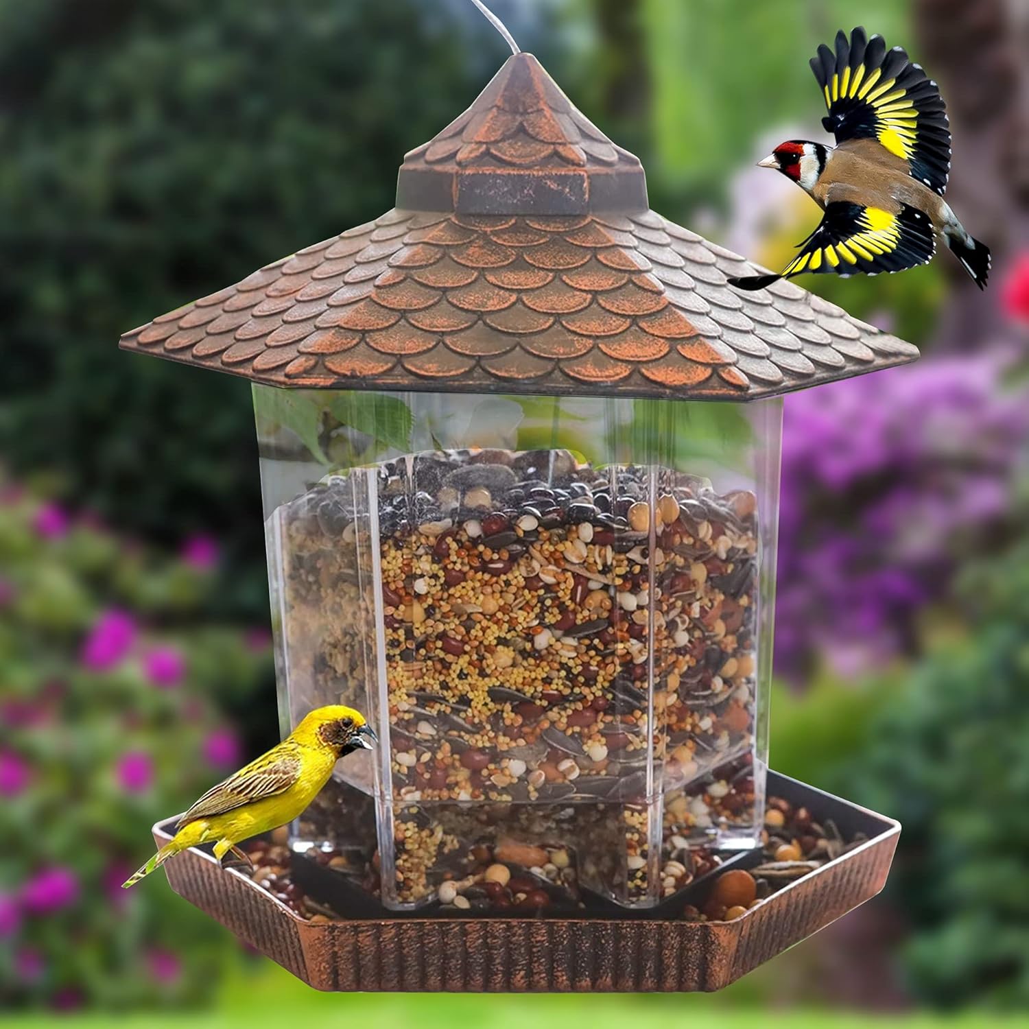 Outdoor Bird Feeder - Hanging Bird Feeder Copper Roof Weather Resistant Design