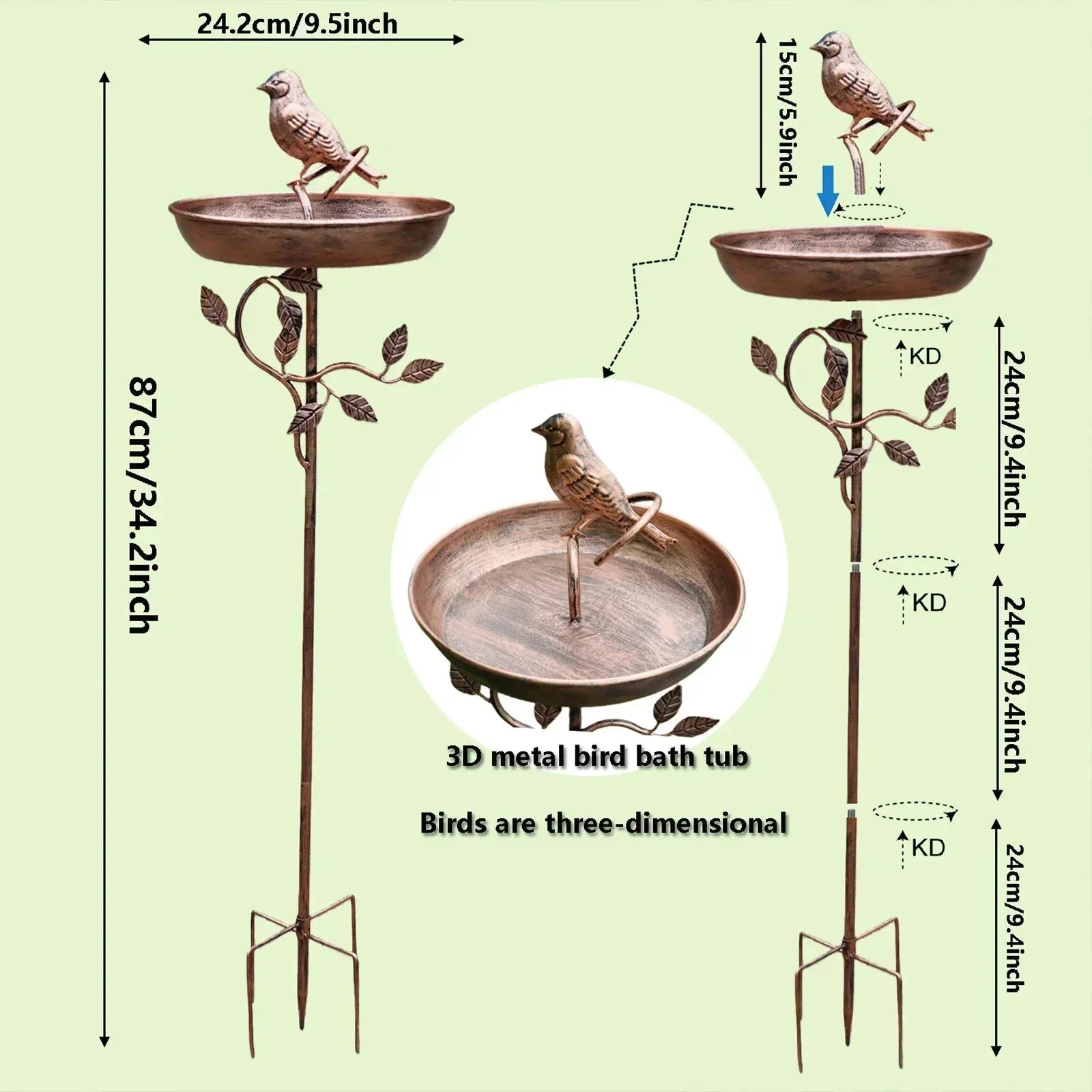 Metal Garden Bird Bath with Ground Stake