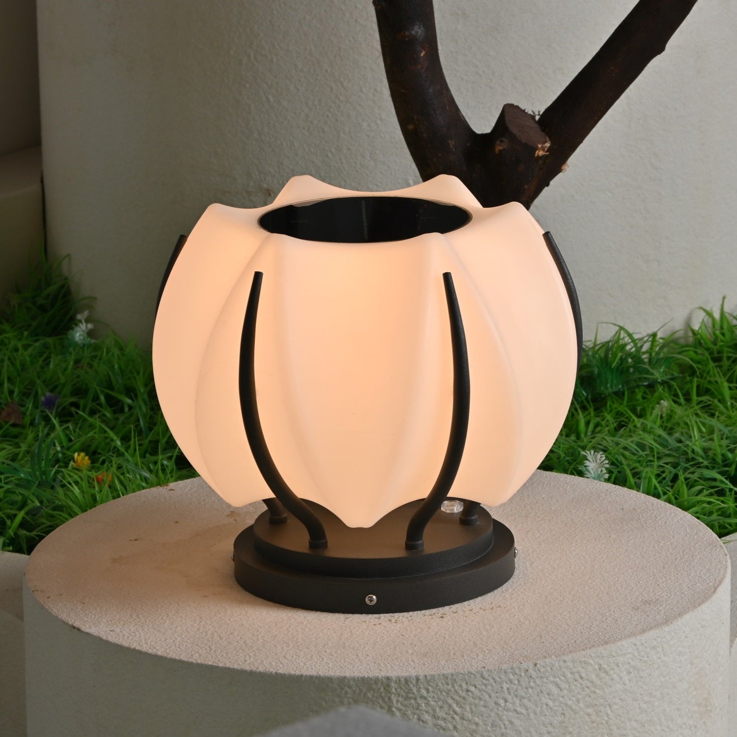 Outdoor Lantern Cordless Lotus Shade Black Metal Frame LED Waterproof IP65