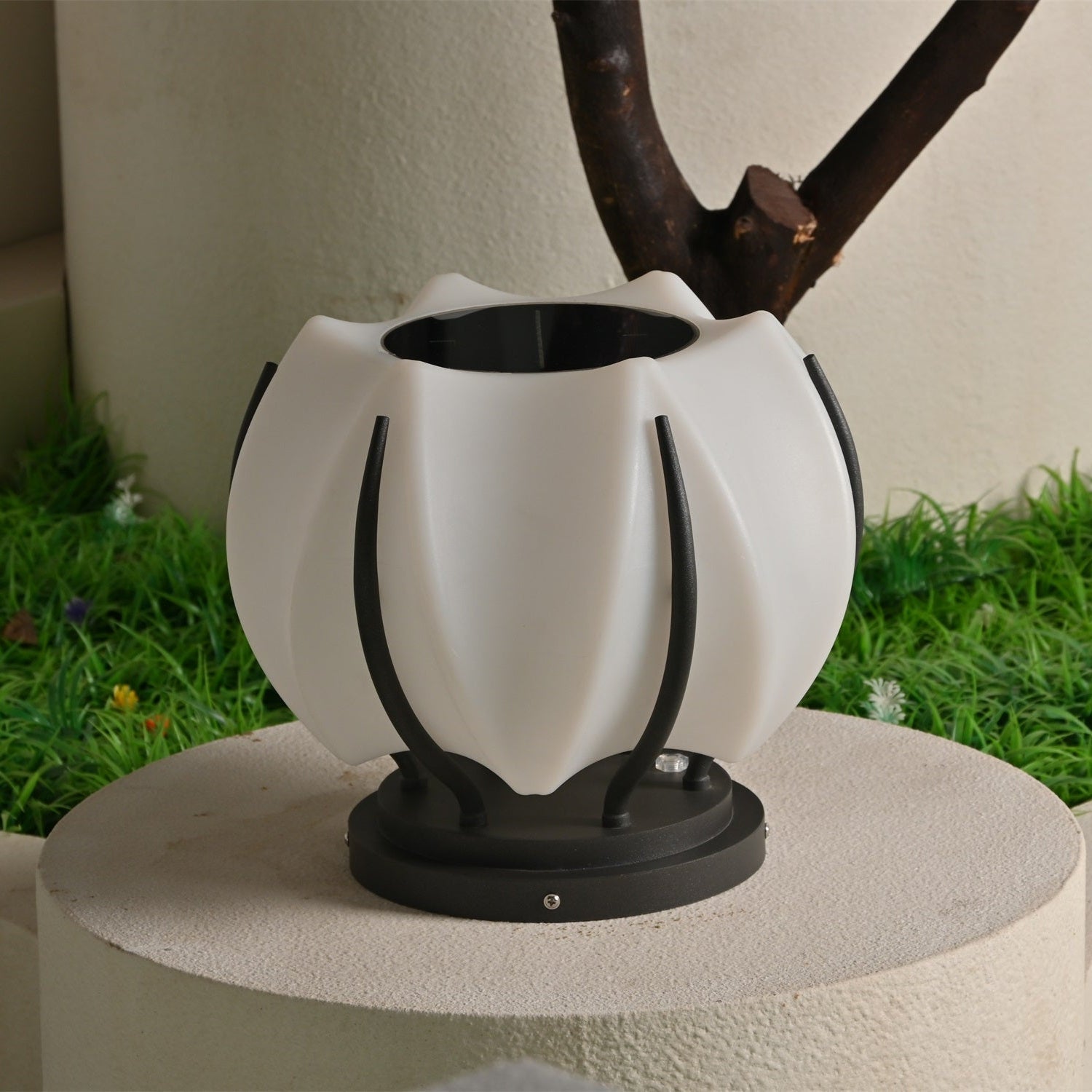 Outdoor Lantern Cordless Lotus Shade Black Metal Frame LED Waterproof IP65