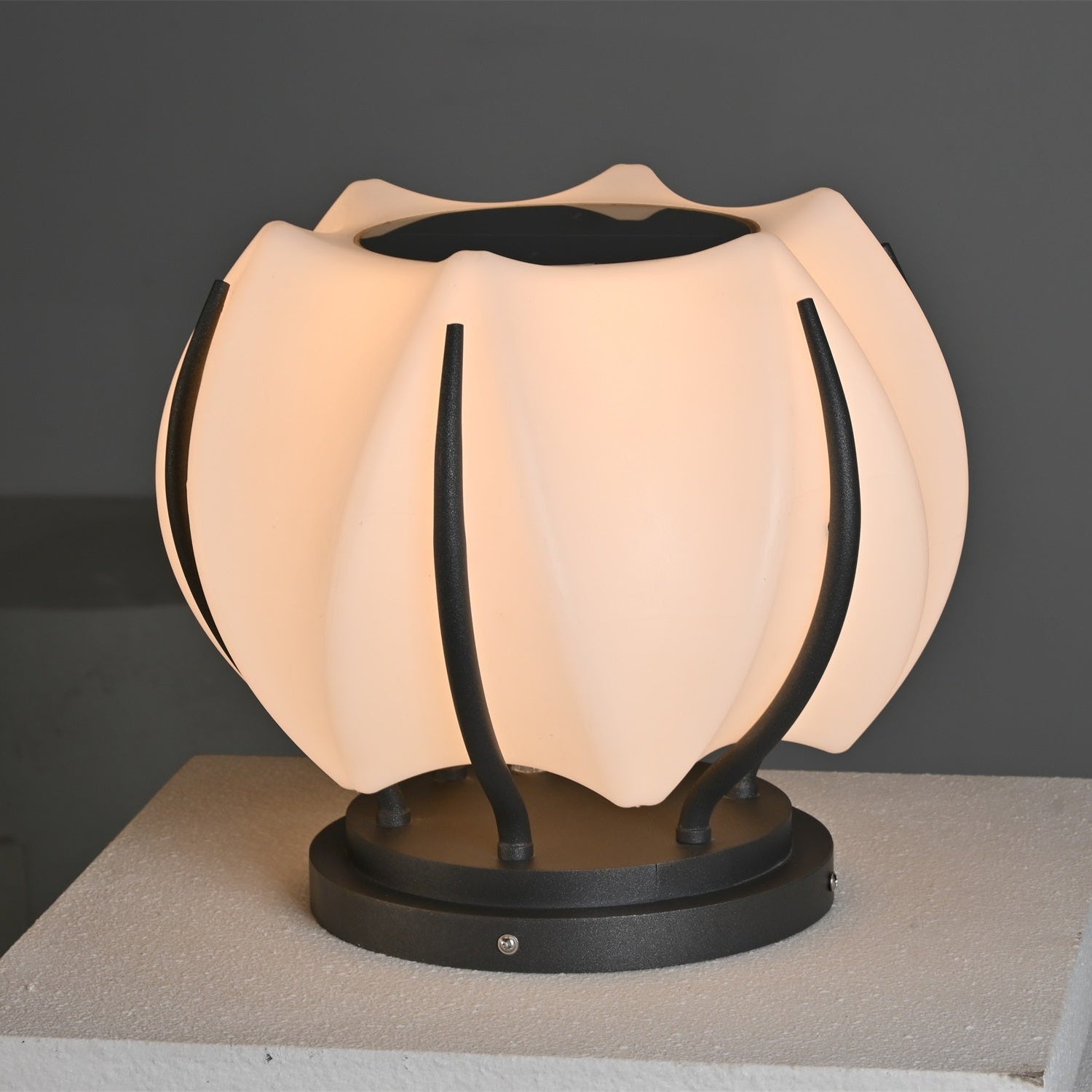 Outdoor Lantern Cordless Lotus Shade Black Metal Frame LED Waterproof IP65