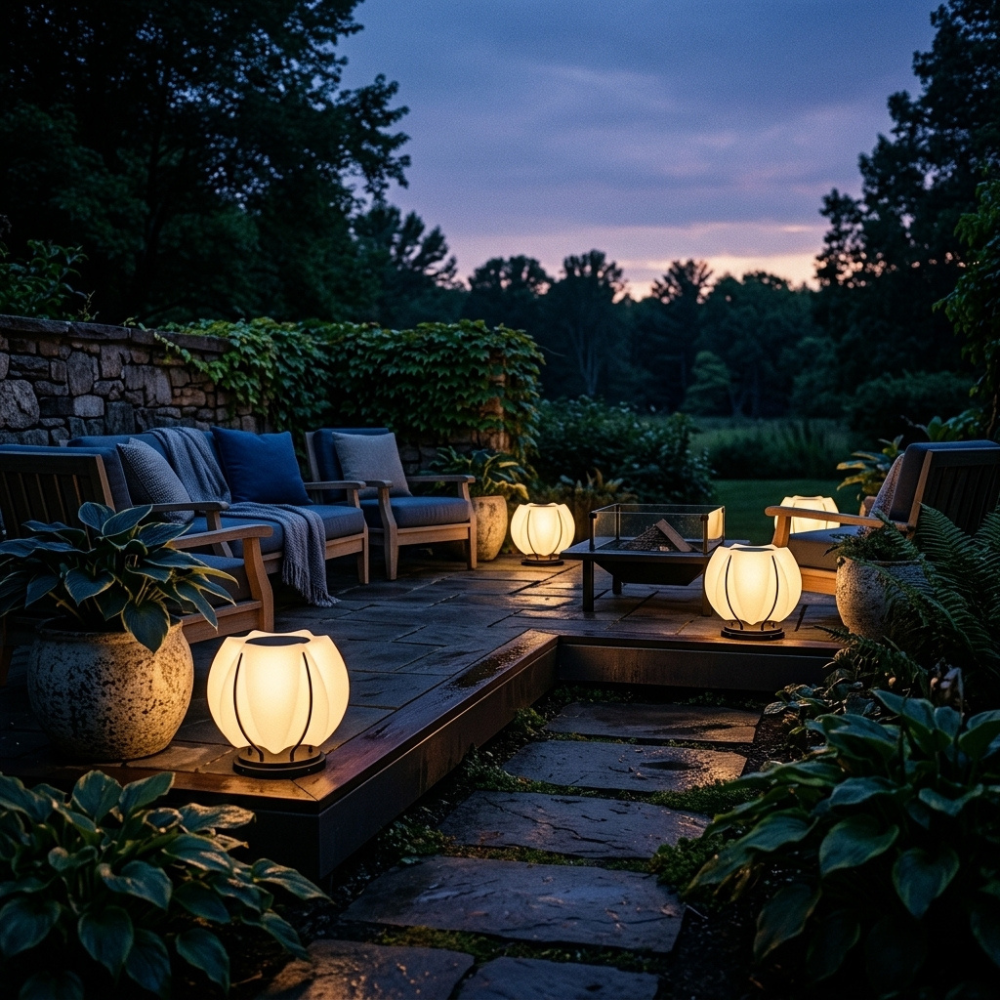 Outdoor Lantern Cordless Lotus Shade Black Metal Frame LED Waterproof IP65