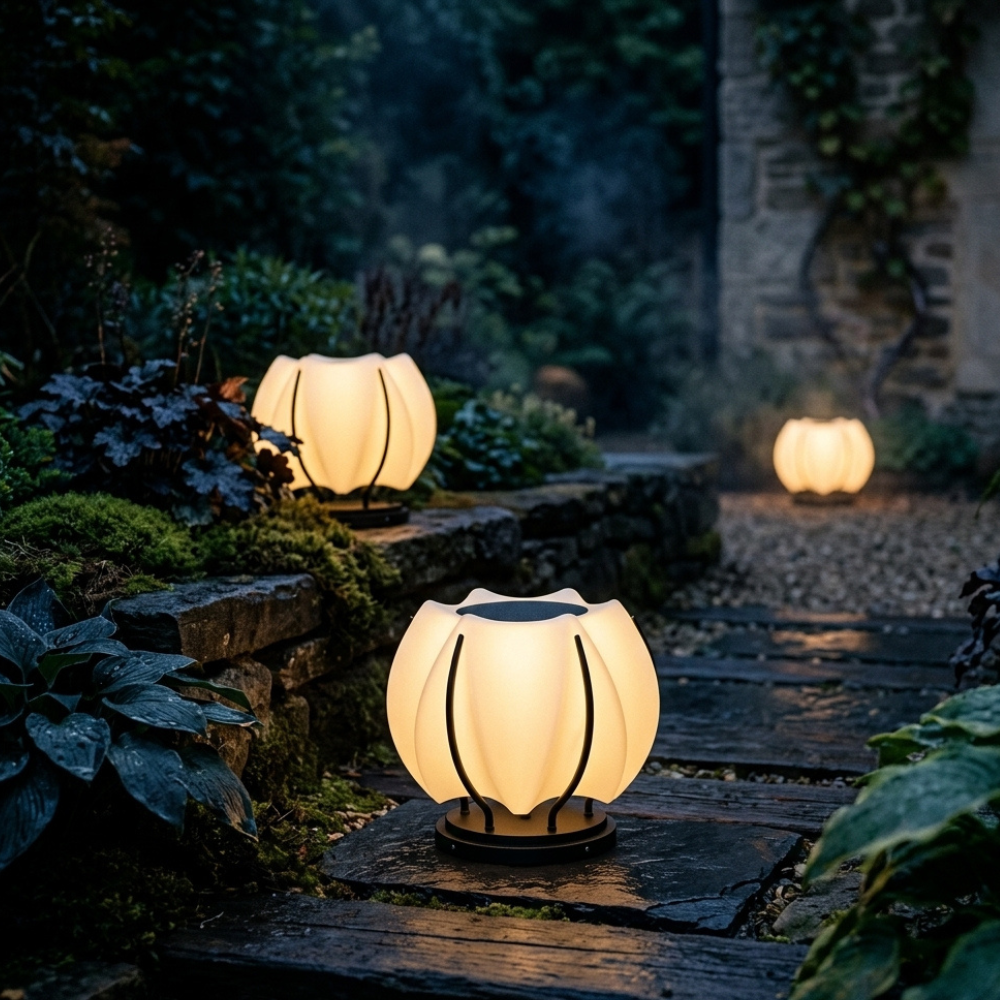 Outdoor Lantern Cordless Lotus Shade Black Metal Frame LED Waterproof IP65