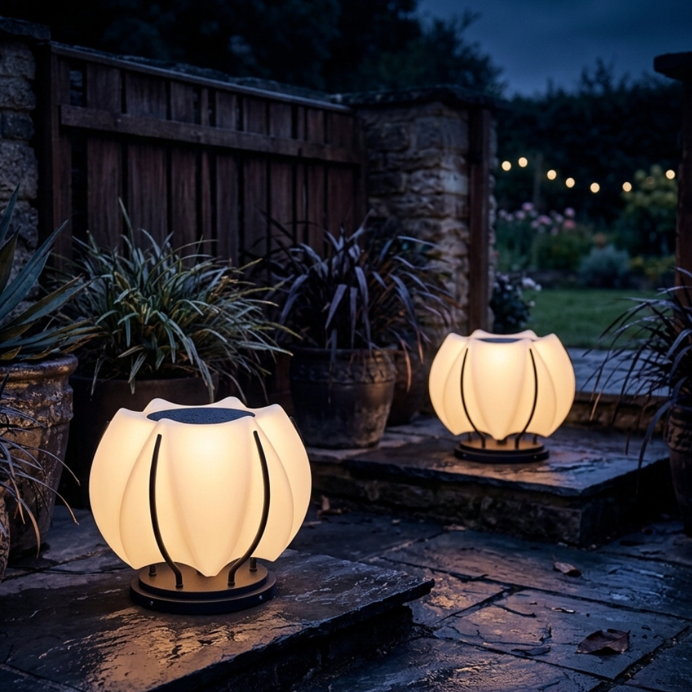 Outdoor Lantern Cordless Lotus Shade Black Metal Frame LED Waterproof IP65