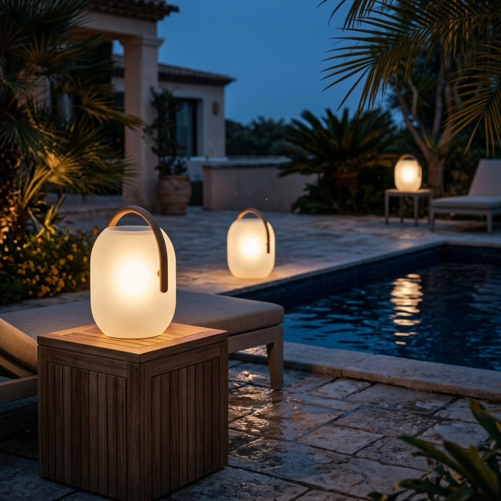 Outdoor Lantern Cordless Wood Handle LED Waterproof IP65 Patio Garden Home