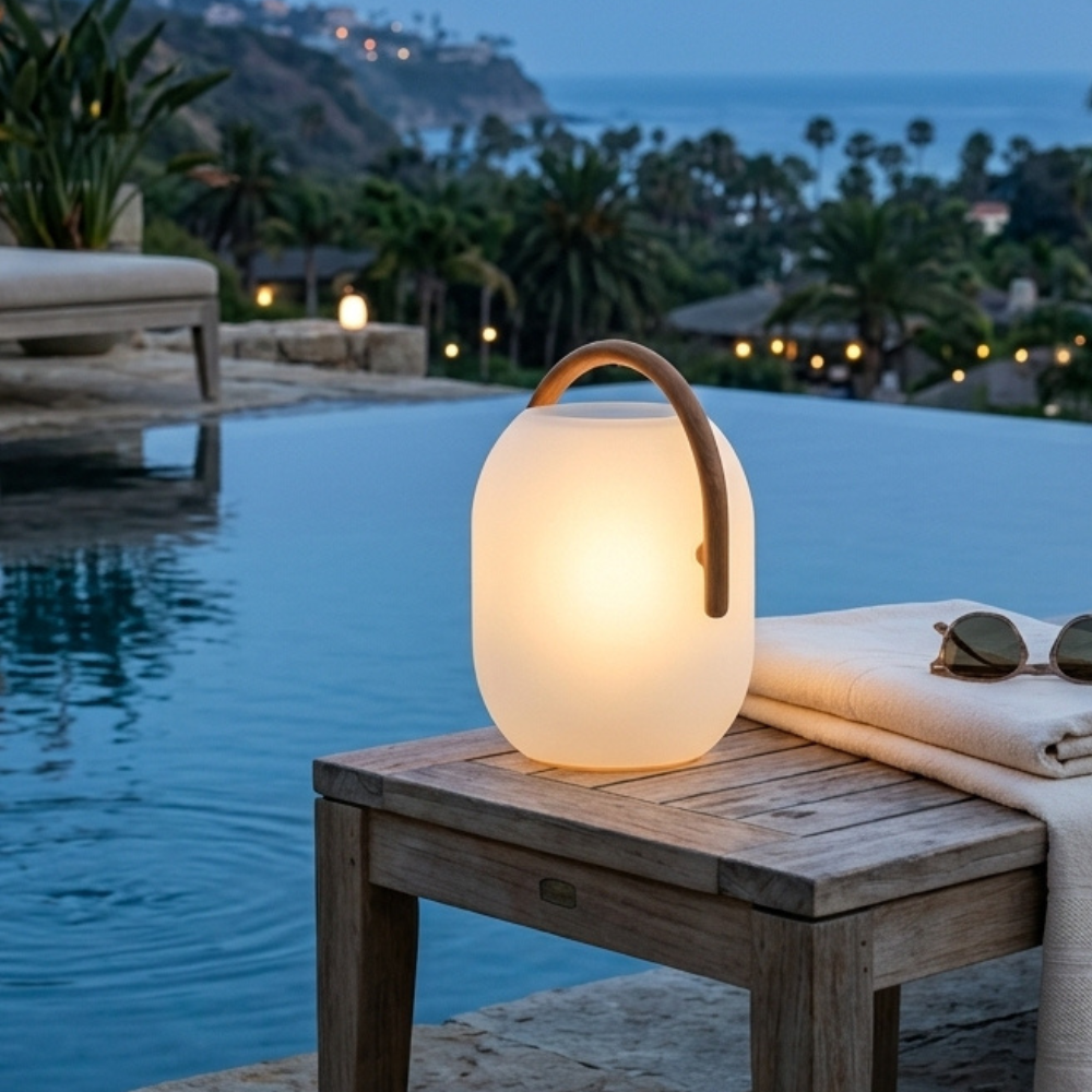 Outdoor Lantern Cordless Wood Handle LED Waterproof IP65 Patio Garden Home