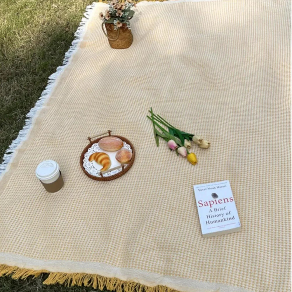 Woven Picnic Blanket with Decorative Tassels - Lightweight for Outdoor