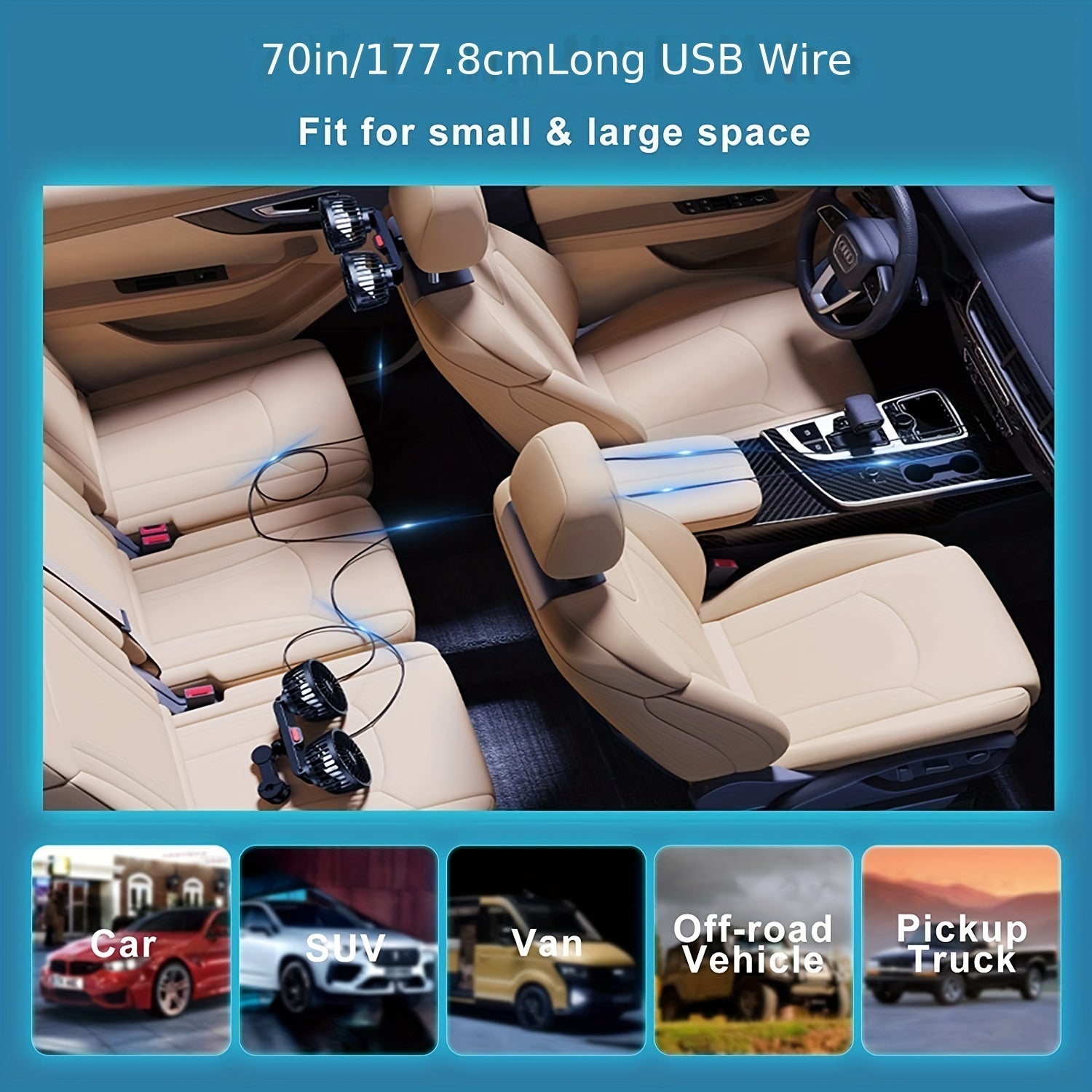12V Dual-Head Car Cooling Fan with 360-Degree Rotation