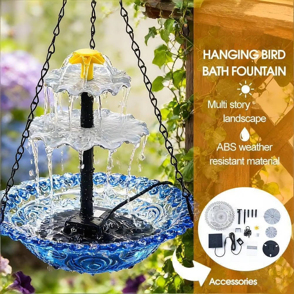 Solar Hanging Bird Bath Fountain with Automatic Pump