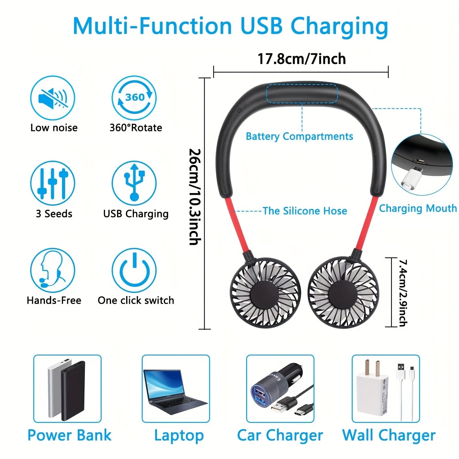 360-Degree Adjustable USB Rechargeable Neck Fan