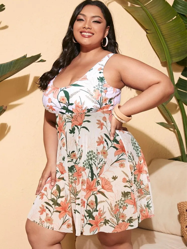 Printed Swim Skirt Set In Plus Size