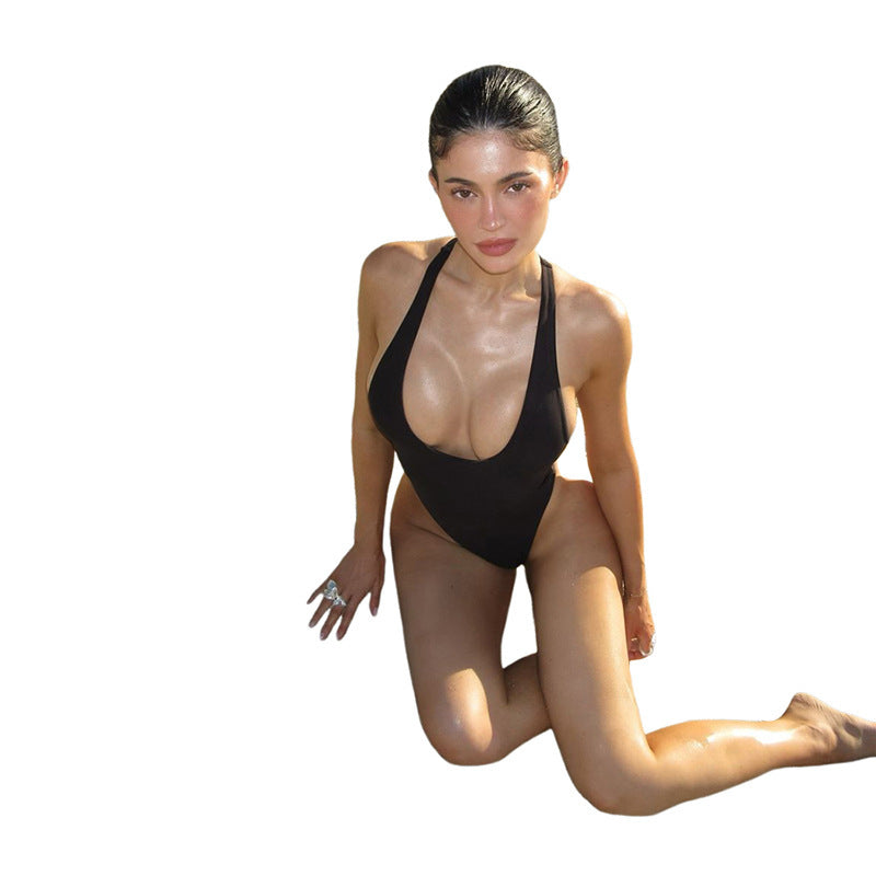 Women's Swimsuit With A Deep Round Neckline And Cut