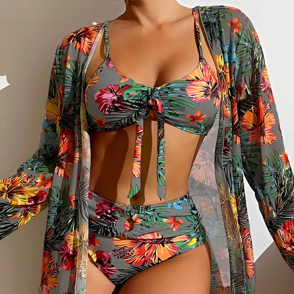 Three Piece Bikini Set With High Waist Cut