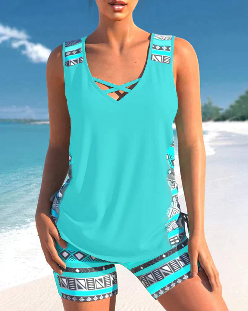 Swimwear With V-Neck And Geometric Pattern Tankini Set